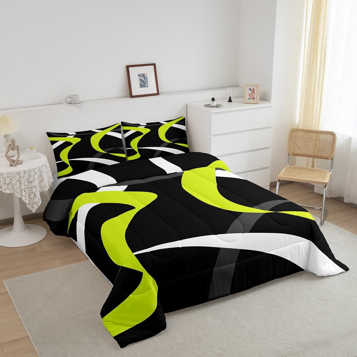 Erosebridal Abstract Black Lime Green Comforter Set Dark Grey White Striped Bedding Set King for Kids Boys Teen Men Geometric Swirl Stripes Bedding Comforter Sets Modern Fashion Quilt Duvet