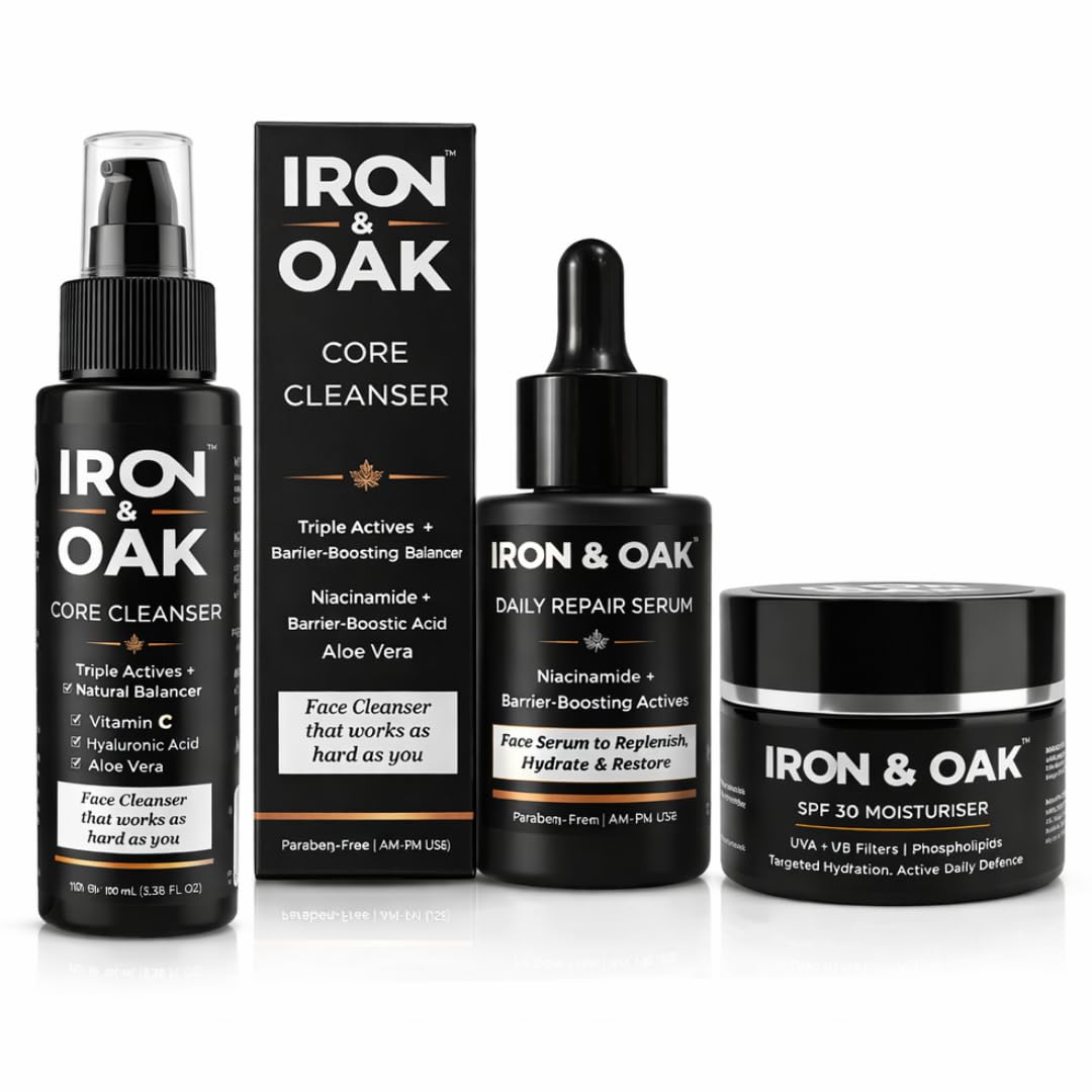 Iron & Oak Men’s Daily Essential Skincare Kit | Face Cleanser + Niacinamide Serum + SPF 30 Moisturiser | Daily Skincare Routine for Men | Cleanse Repair Protect | Pack of 3-image-1