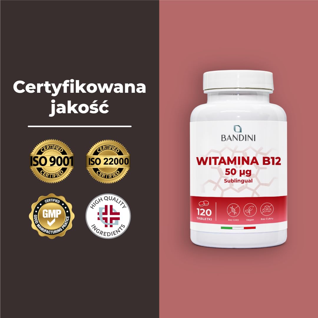 Bandini® Witamina B12 120 tabletek podjęzykowych - Cyjanokobalamina 50µg - 100% wegańskie - Wysoka dawka - Vitamin B12 dla układu odpornościowego, metabolizmu energetycznego, zmęczenia fizycznego