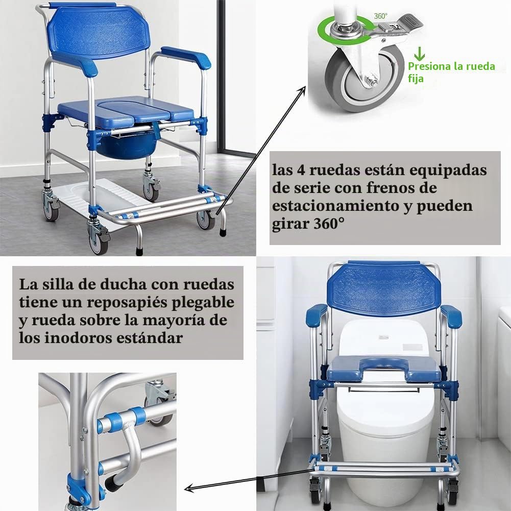 Sillas de inodoro con ruedas, sillas de ducha para ancianos con baño, sillas de ruedas con reposabrazos y sillas de ducha para discapacitados con cubos de inodoro de hasta 150 kilogramos