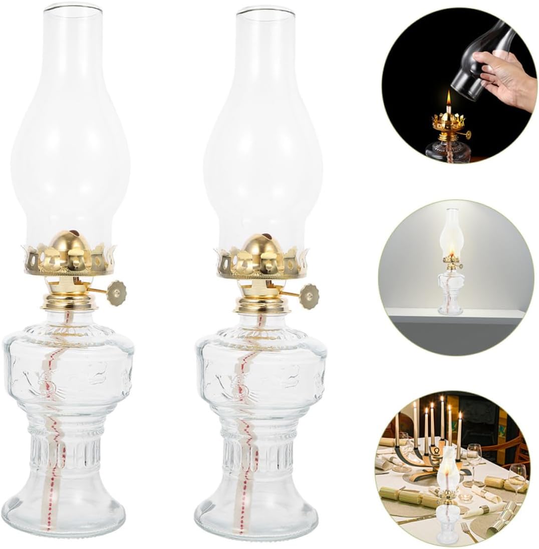 BESPORTBLE 2pcs Retro Glass Kerosene Oil Lamp Vintage Butter Lamp for Indoor Use Home Decor Desktop Lighting with Premium Iron and Glass Easy to Use and Multifunctional Accent for Warm