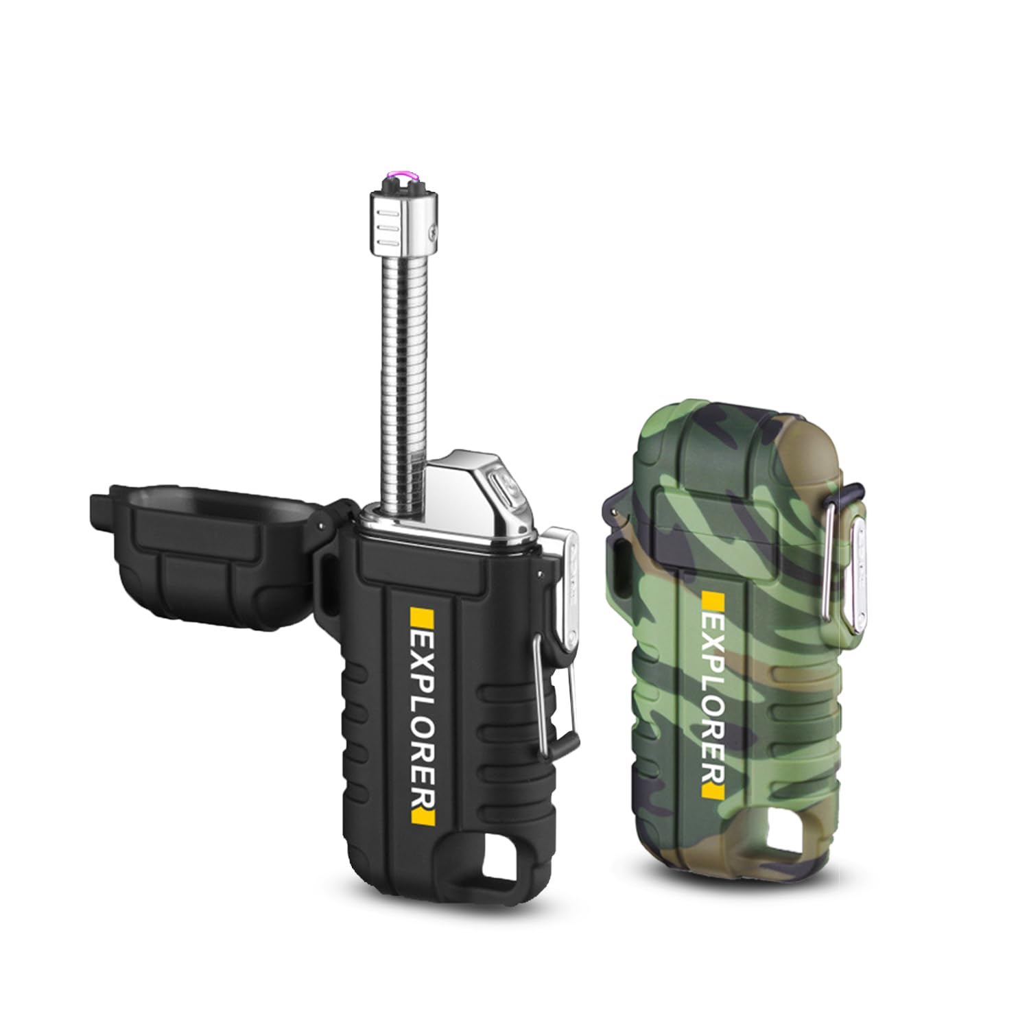 LEVADA PLUS Rechargeable Dual Arc Electric Lighter – Waterproof – Flameless and Windproof - for Daily Use, Camping, Hiking, Outdoor Adventure (Long Neck - Green Camouflage)