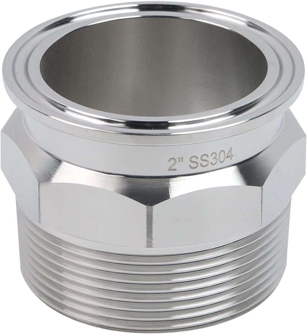 Crapyt 2" 304 Stainless Steel Tri Clamp Clover, Hexagonal Sanitary Pipe | Fitting to NPT 2" Male Thread Adaptor, Tri Clamp Male Thread Adaptor (2", Silver)