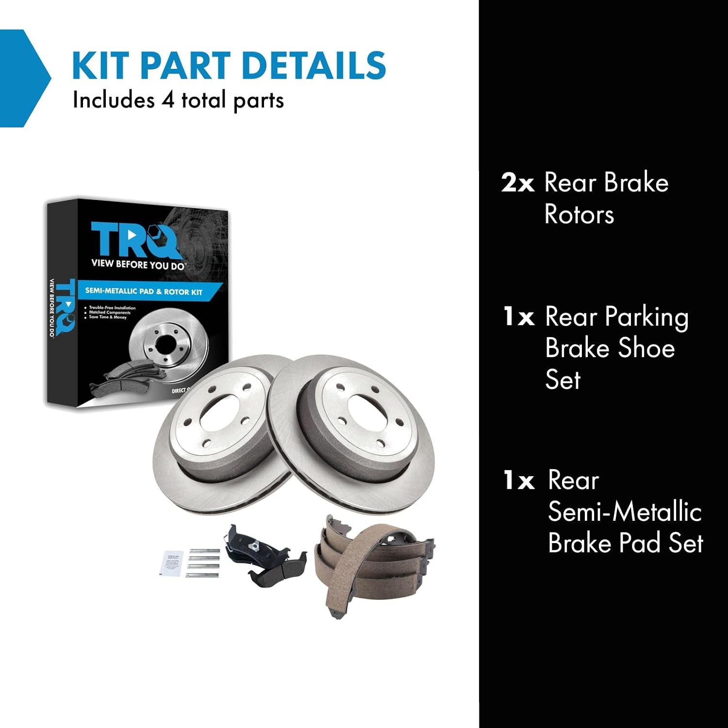 TRQ Rear Brake Pad and Rotor Set Semi Metallic Parking Shoe Compatible with 2005-2011 Ford Crown Victoria Mercury Grand Marquis