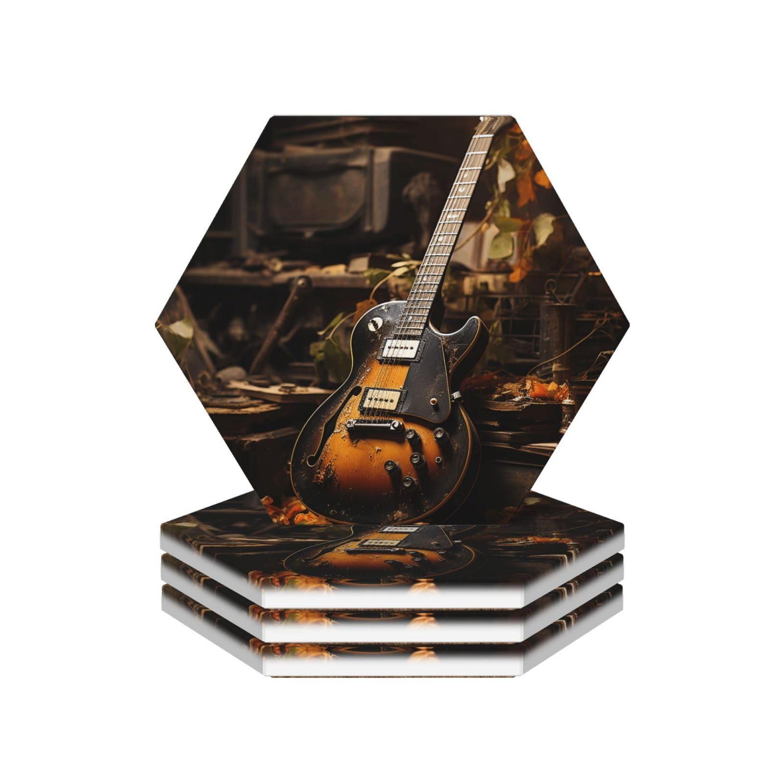Drink Coasters Set of 4 Coffee Ceramic Coaster Guitar Coasters for Drinks Coffee Cup Mat Heat Resistant Tabletop Protection Coaster Desk Accessorie Home Decorative