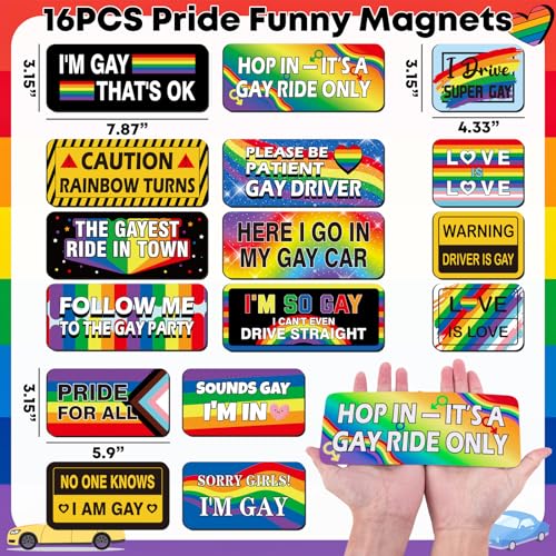 Image of 16PCS Gay Pride Car Bumper Magnets: Funny Rainbow Decals Bulk for LGBT Parade, Truck, Fridge, Cruise - Prank Gift Idea (Classic Style)