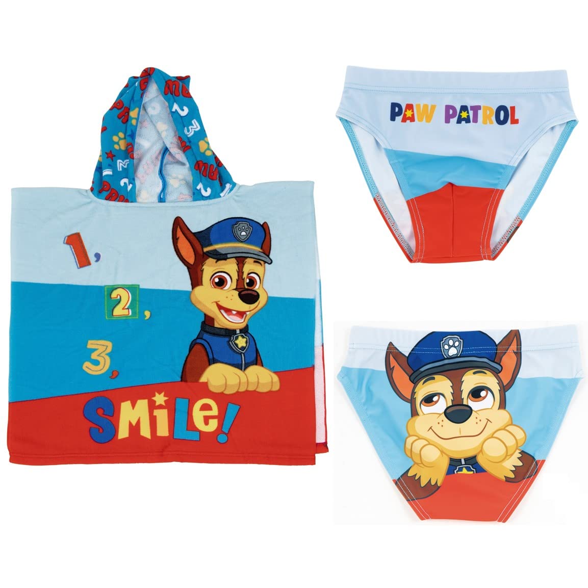 REQUETEGUAY Bañador Patrulla Canina Tipo Slip para niños + Poncho Paw Patrol Toalla de Playa o Piscina | Pack Bañador y Poncho Paw Patrol | Bañador + Poncho con Capucha de Chase, Marshall y Rubble