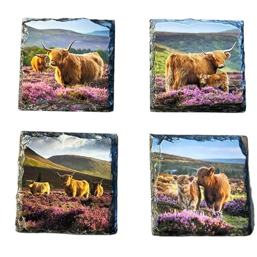 Nessie's Treasure Multicolor Slate Coaster Set – Highland Cows Heather Design –Handcrafted Natural Stone Drink Coasters –Rustic Home Decor,Scotland Gift For Him Or Her.