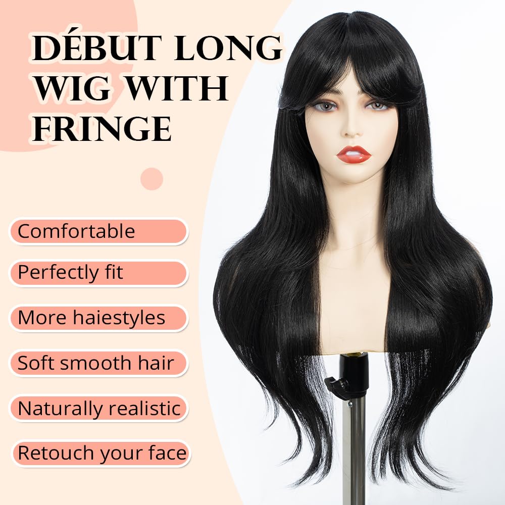 DÉBUT Long Black Wig With Fringe for Women Heat Resistant Synthetic Layered Hair Wigs With Bangs for Daily Party Cosplay Use(26 inches - Image 2