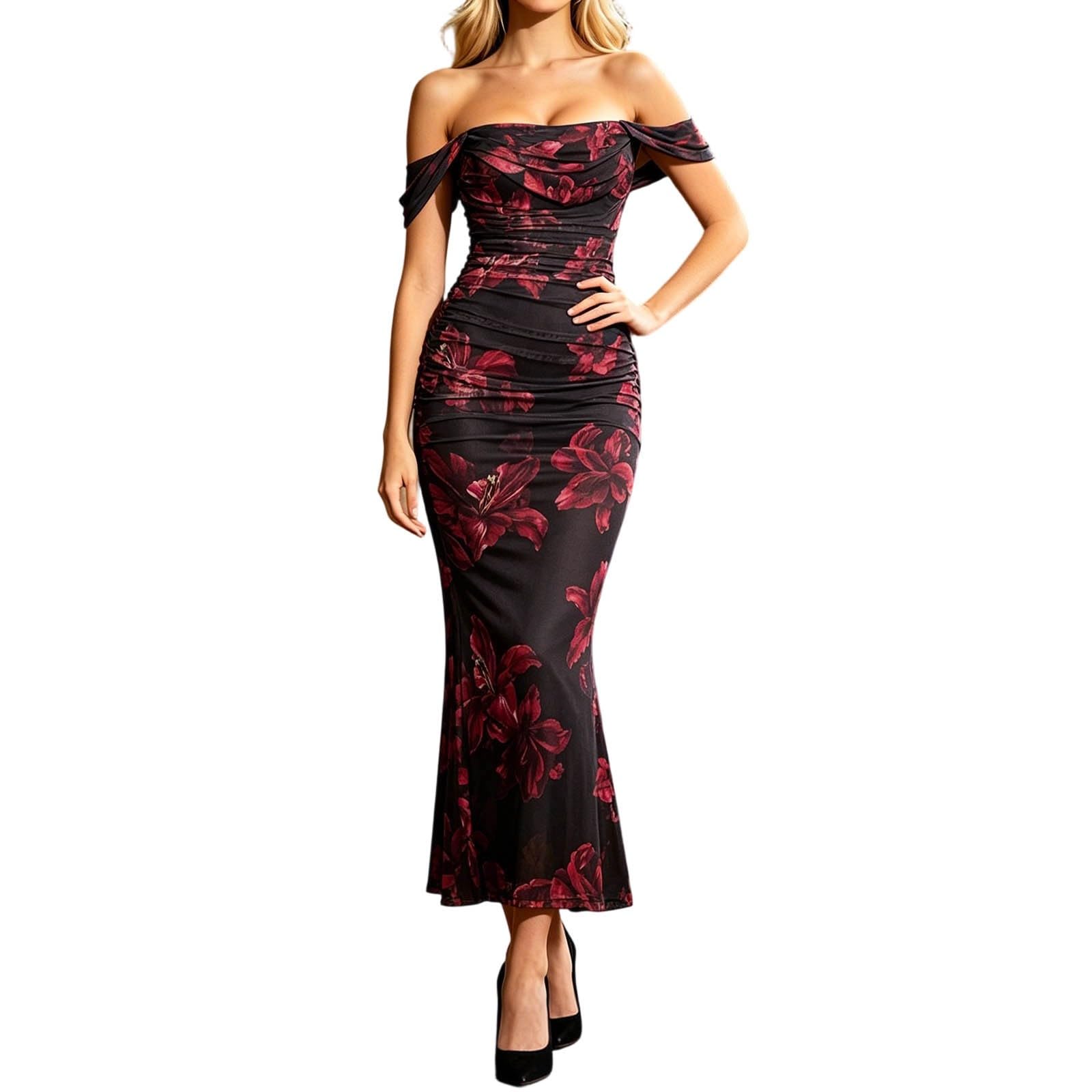 Casual Bodycon Long Dress with Fishbone Mesh Design Off Shoulder Ruched Backless Slim Fit Evening Gown