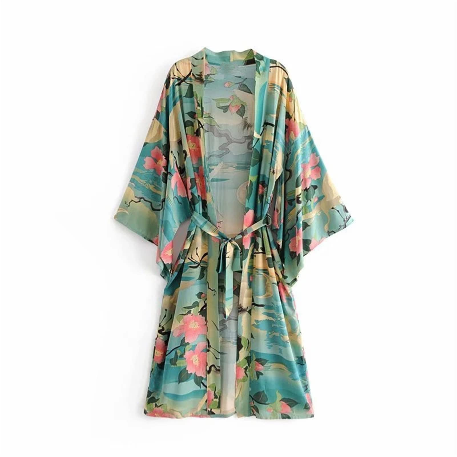 Robe Kimono Bohème Verte Imprimé Fleuri Col V Fluide S