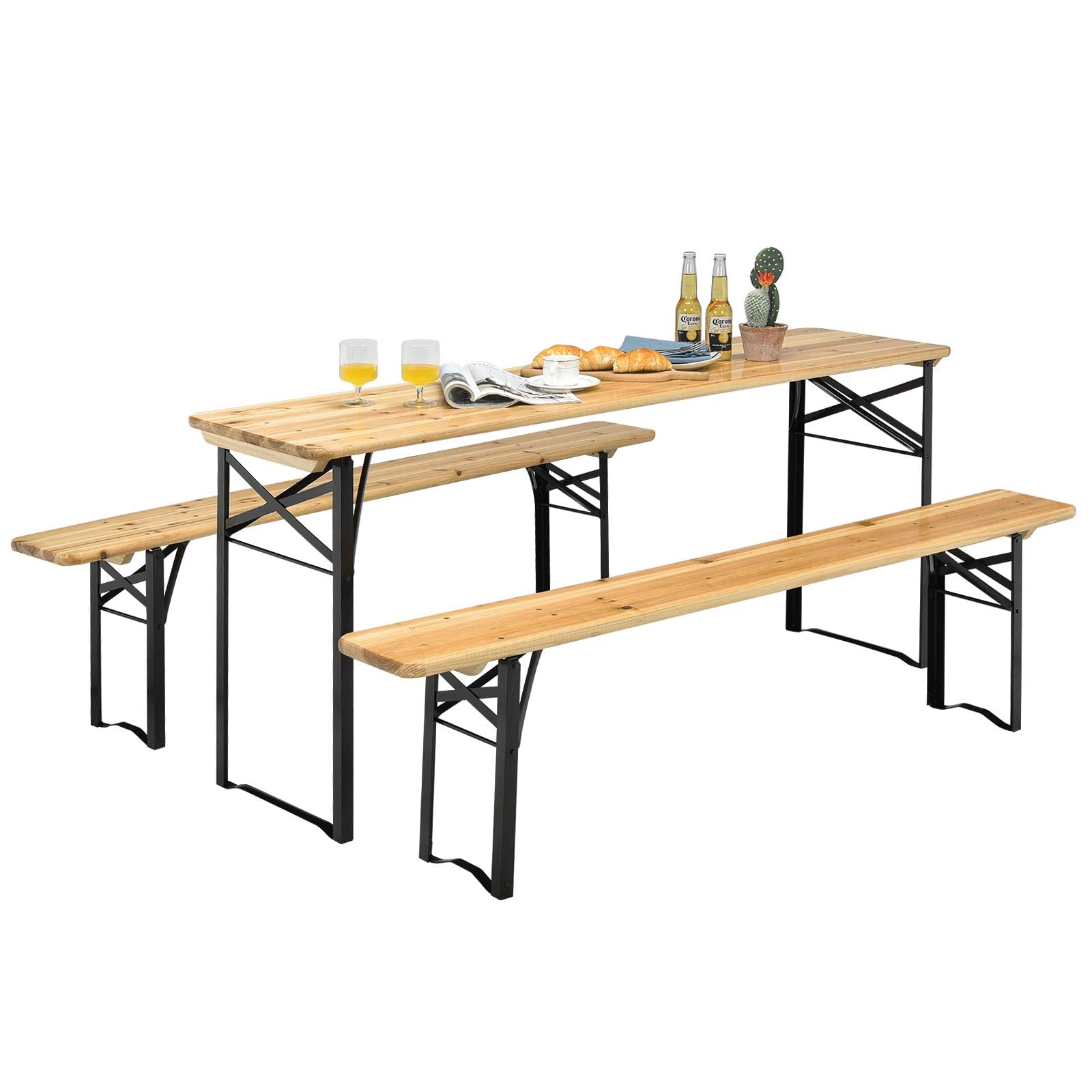 FANTASK Set di 3 tavoli da campeggio con 2 panche, set di tavoli da campeggio, telaio in metallo, tavolo da picnic, per terrazza e giardino, 178 x 46 x 76 cm