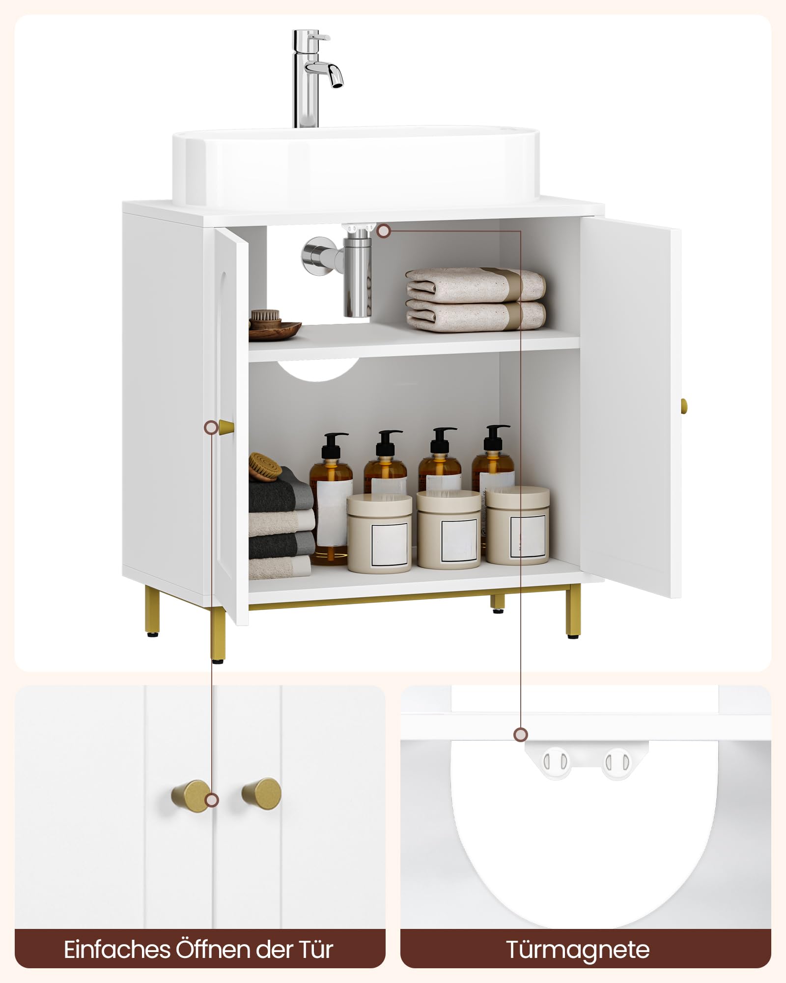 Hzuaneri Waschbeckenunterschrank, Unterschrank, Waschtischunterschrank, Badezimmerschrank mit 2 Türen, Verstellbare Ablage, Viel Stauraum, Freistehend, Landhausstil, 30 x 60 x 63 cm, Weiß BC19103X