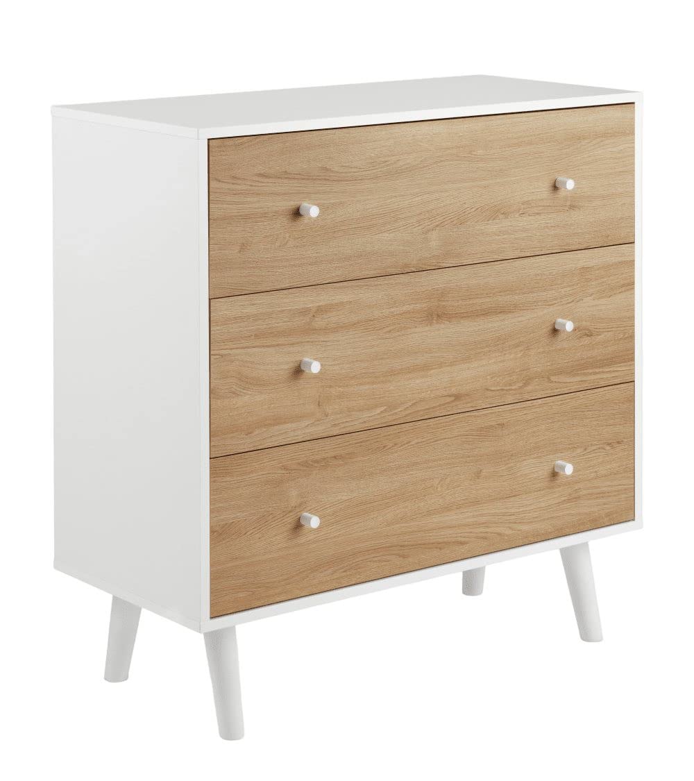 Home Heavenly® - Cómoda Dormitorio 3 cajones Leah, Estilo nórdico, Color Blanco y Roble, 106x100x45 cm.
