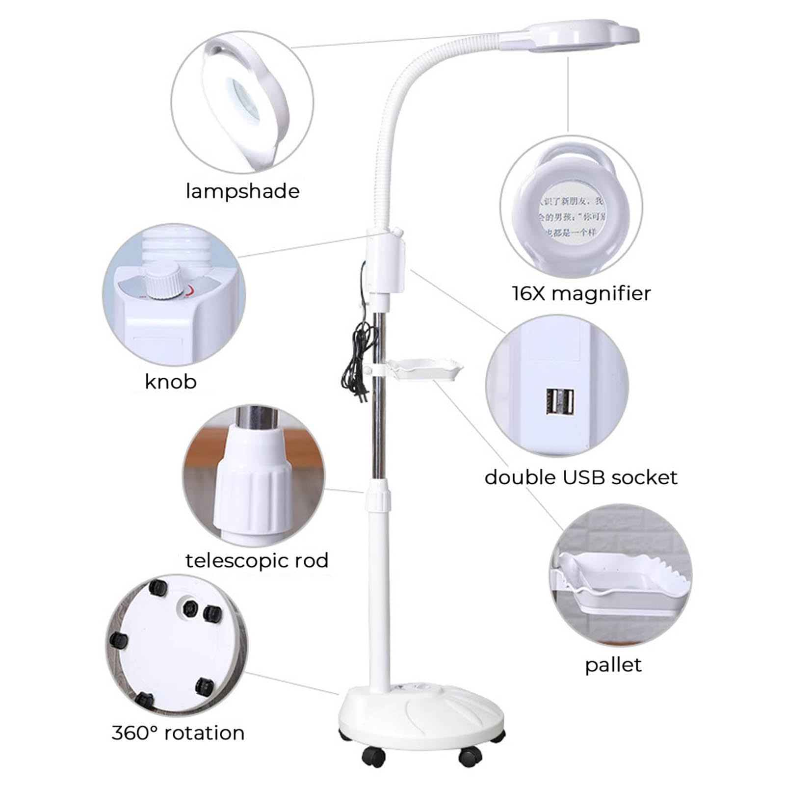 Lámpara Vertical con Lupa LED de Piso, lámpara de Belleza, Lupa con Clip Vertical, Soporte para Piso, lámpara con Lupa LED Ajustable luz de Lectura para el hogar Oficina Belleza Tatuaje
