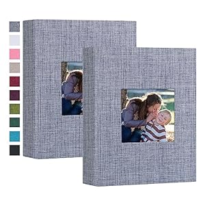 Mublalbum 2 Pack Small 4×6 Photo Album Linen Cover with Display Window Mini Picture Book Each Holds 52 Vertical Pockets for Artwork Postcards or Pictures Storage (Gray)
