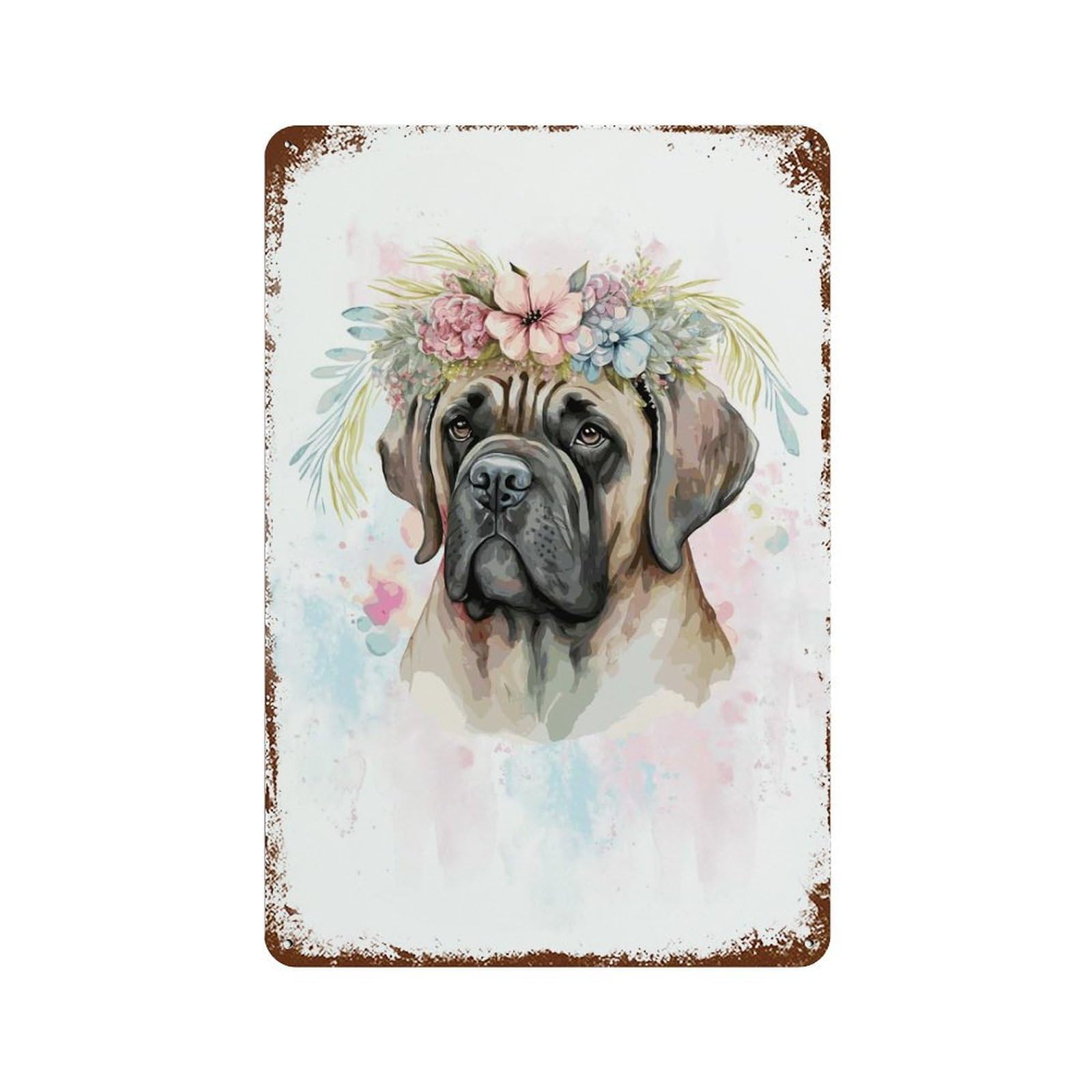Floral English Mastiff Art Vintage Rust Metal Sign 11.8"x7.9", Shabby Chic Decor for Living Room, Hallway And Home Decor