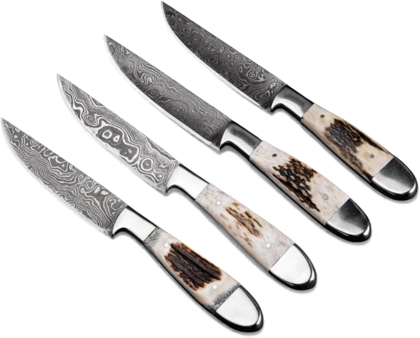 Stag Antler Damascus Steel Steak Knives Set 4 pcs, BBQ Steak Knives, Chef Knife Set, Table Knives