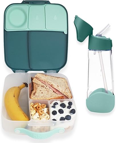 b.box Mini lonchera y botella de agua de paja Tritan de 20 onzas  Caja Bento grande a juego + botella de bebida para niños  Color bosque esmeralda