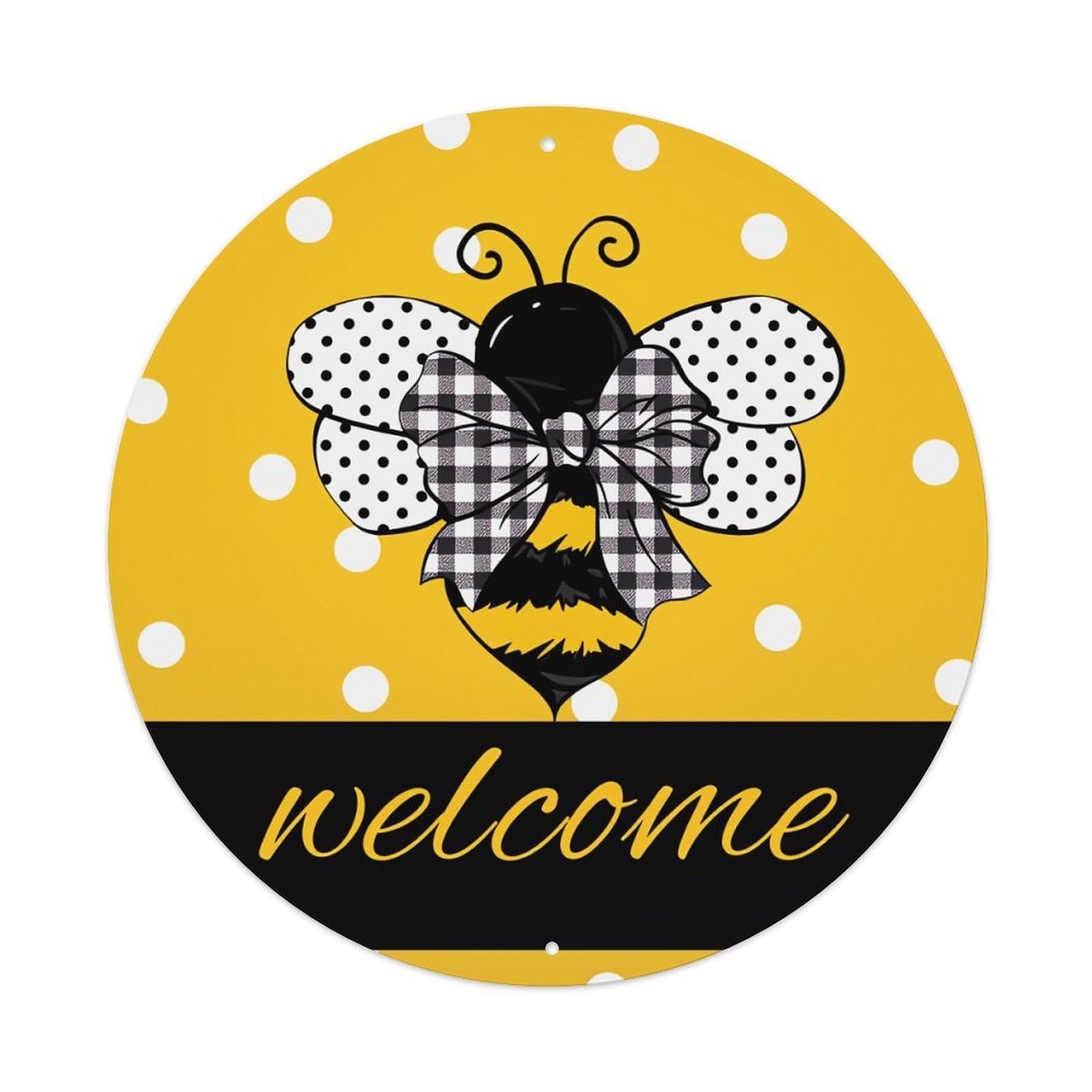 Bee Polka Dot Checkered Welcome Round Tin Sign Vintage Metal Poster, Home Bar Garage Man Cave Cafe Indoor & Outdoor Wall Decoration 8x8Inches