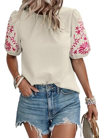 Chvity Womens Floral Embroidered Blouse, Textured Solid Crewneck Puff Short Sleeve Loose Casual Top, Boho Summer Shirts
