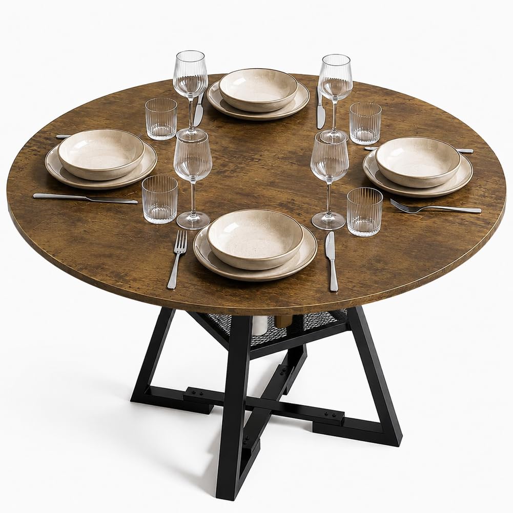 Shally Dogan Tavolo Rotondo per Sala da Pranzo e Cucina Diametro 120cm, Gambe in Metallo con Ripiano Portaoggetti Inferiore e Piano in Legno, Ideale per Casa e Ufficio, Industrial
