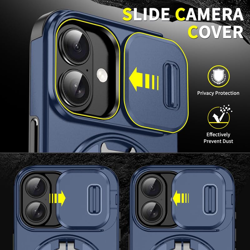 Image of LuxuryKase Shockproof Rugged Case for iPhone 17 | Slide Camera Cover | 360 Rotating Ring Kickstand | Military-Grade Protection - Navy Blue