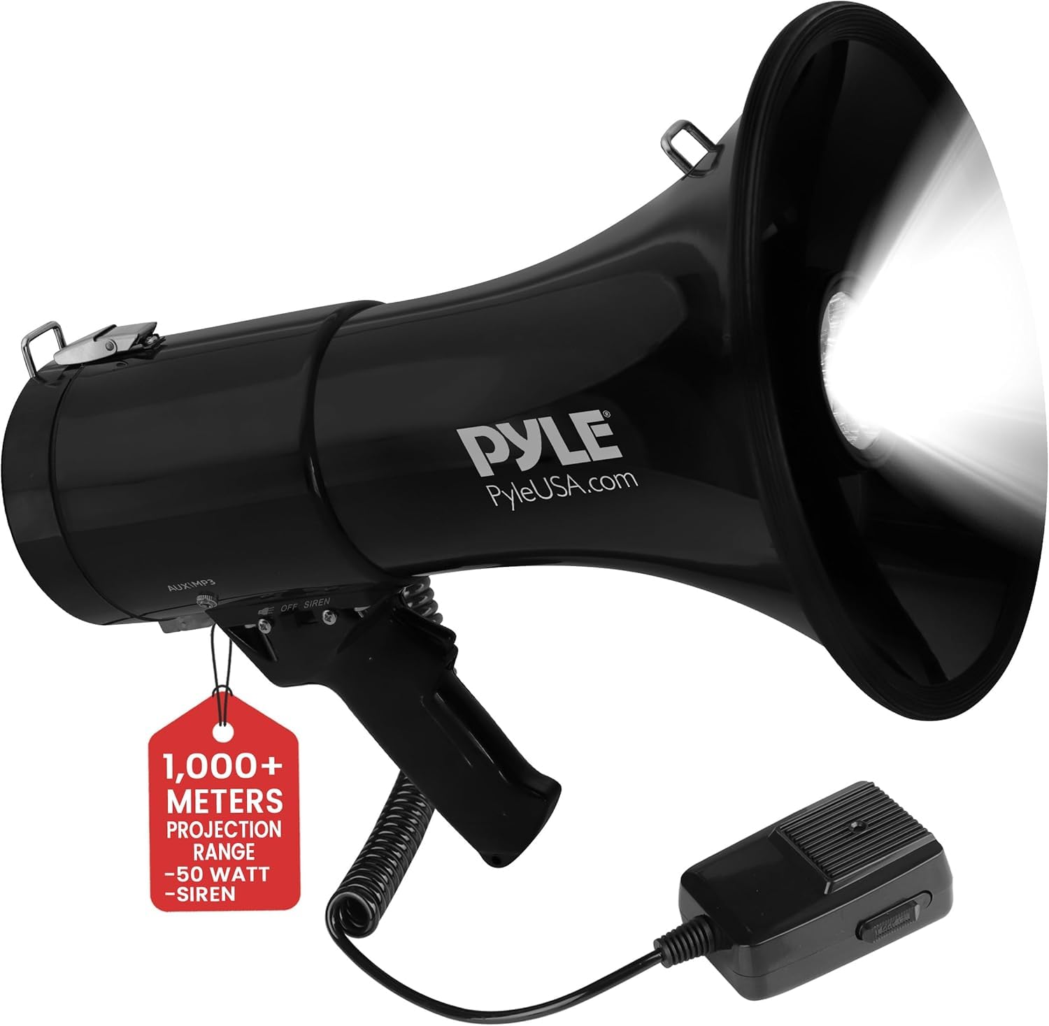 Pyle Altavoz megáfono PA Compacto portátil, megáfono Recargable de 50 W con Sirena, Volumen Ajustable, Altavoz de Mano Ligero, para Entrenadores, árbitros y Salvavidas