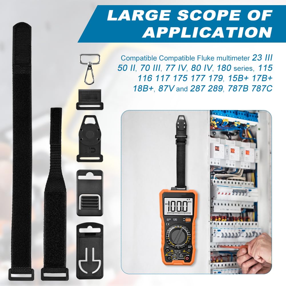 QOTSTEOS Kit da appendere per multimetro Fluke, 2 cinghie, 3 clip, 1 gancio e gancio magnetico, kit universale per appendere i multimetri Fluke (nero)