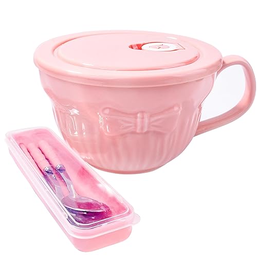 Ceramic Soup Bowl with Lid Soup with Lid Spoon Fork and Chopsticks Pink Porcelain Cute Ramen Bowls - Pink