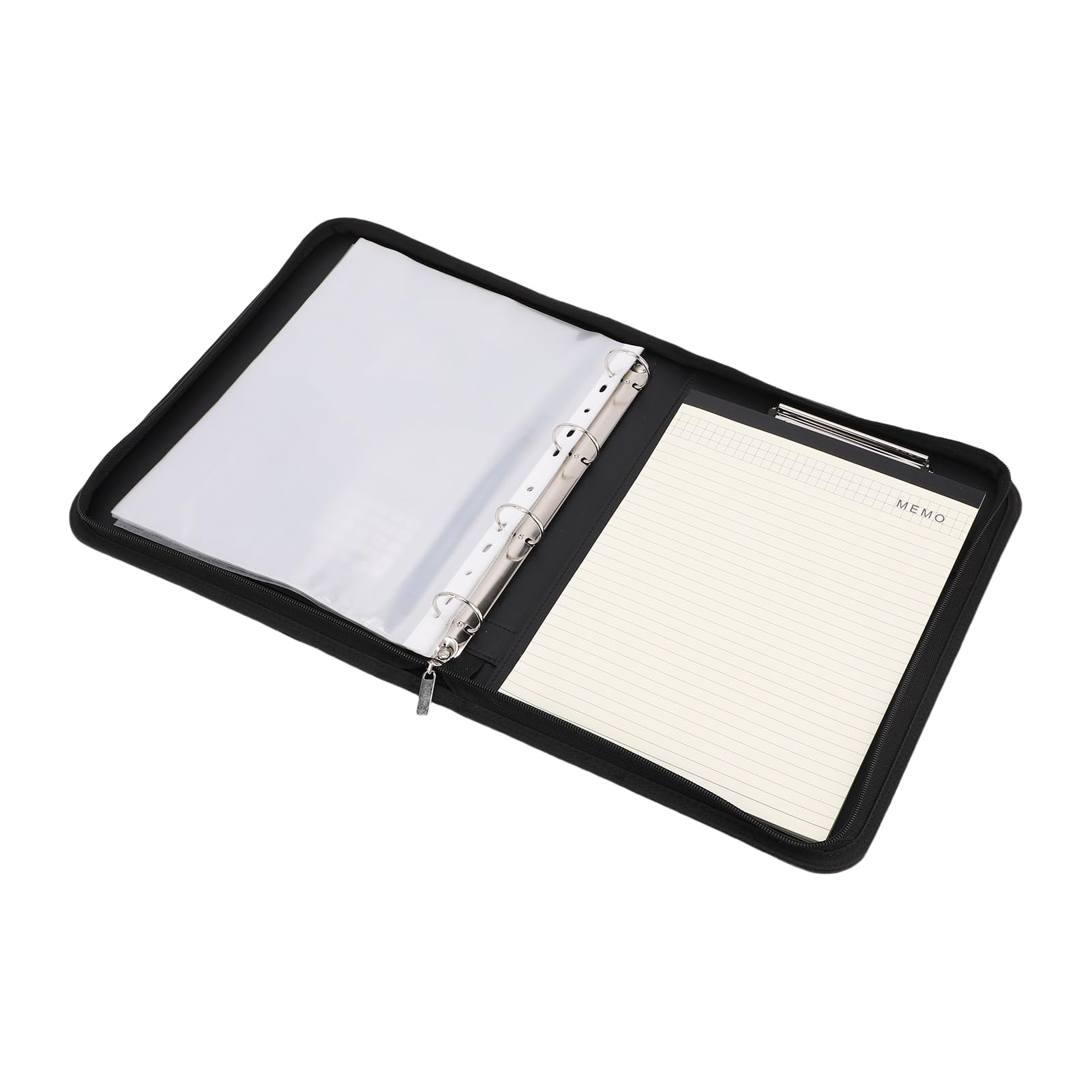 Portafoglio aziendale con cerniera, 10 buste portadocumenti trasparenti, pelle PU, taccuino da 30 fogli, calcolatrice solare a 12 cifre, cover per tablet da 10,1 pollici, nero