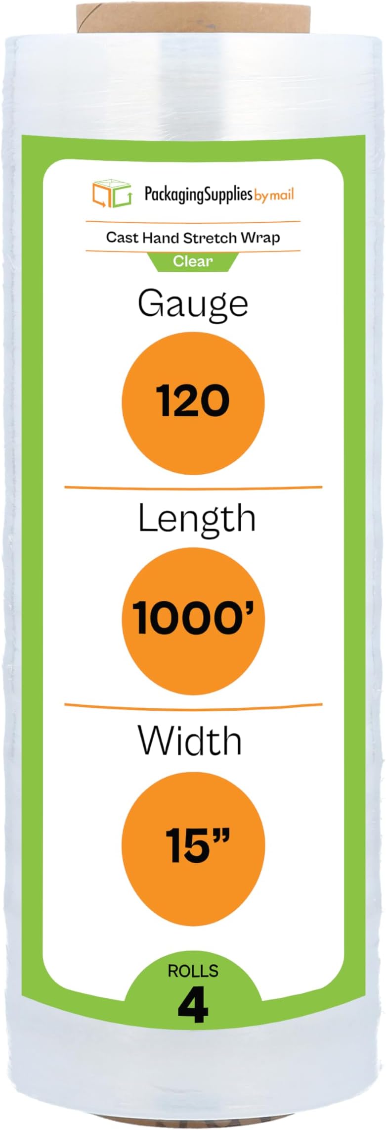 (4 Rolls) Cast Hand Bundling Stretch Wrap Film 3" Core 15 Inch x 1000 Feet 120 Gauge x 1500 Feet