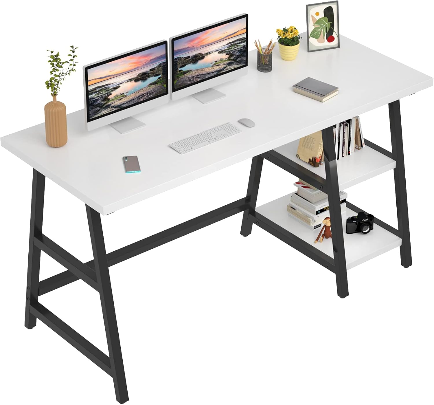 Foxemart 55 Inch Trestle Computer Desk Writing Home Office Hutch Workstation Table