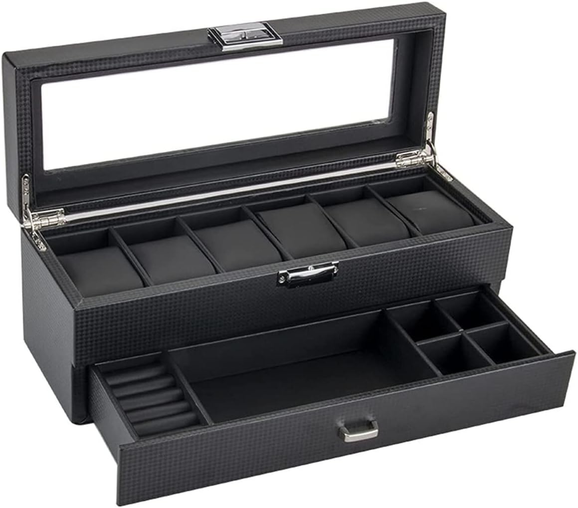 Uhrengehäuse, PU-Leder, doppellagig, 6 Fächer, Uhrenbox mit Schublade, transparente Oberseite, abschließbare Sonnenbrillen-Aufbewahrungsbox, Uhrenbox