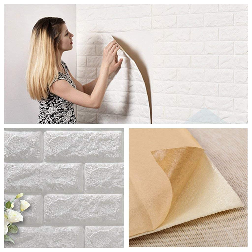 STL Brick Wallpaper - Self Adhesive PE Foam Brick Design 3D Wall Stickers/DIY Wallpaper for Home Hotel Living Room Bedroom & Café (70 x 77cm, Appx. 5.8Sq Feet) White - Pack of 15 2