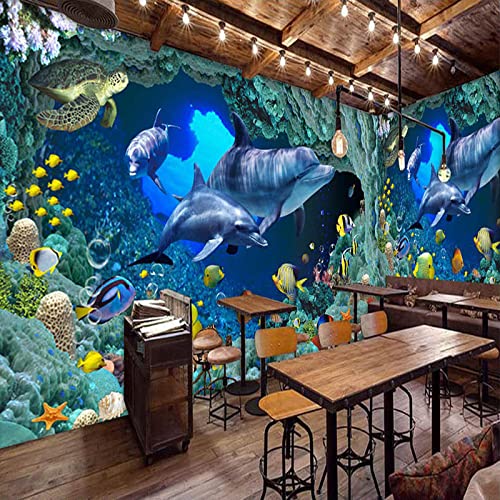 Dolphin 3D Wall Murals Wallpapers, The Underwater World Self-Adhesive Wallpaper Large Wall Mural, Removable Wallpaper Wall Sticker, For Living Room Bedroom Tv Background-79"W X 55"H #TOP4
