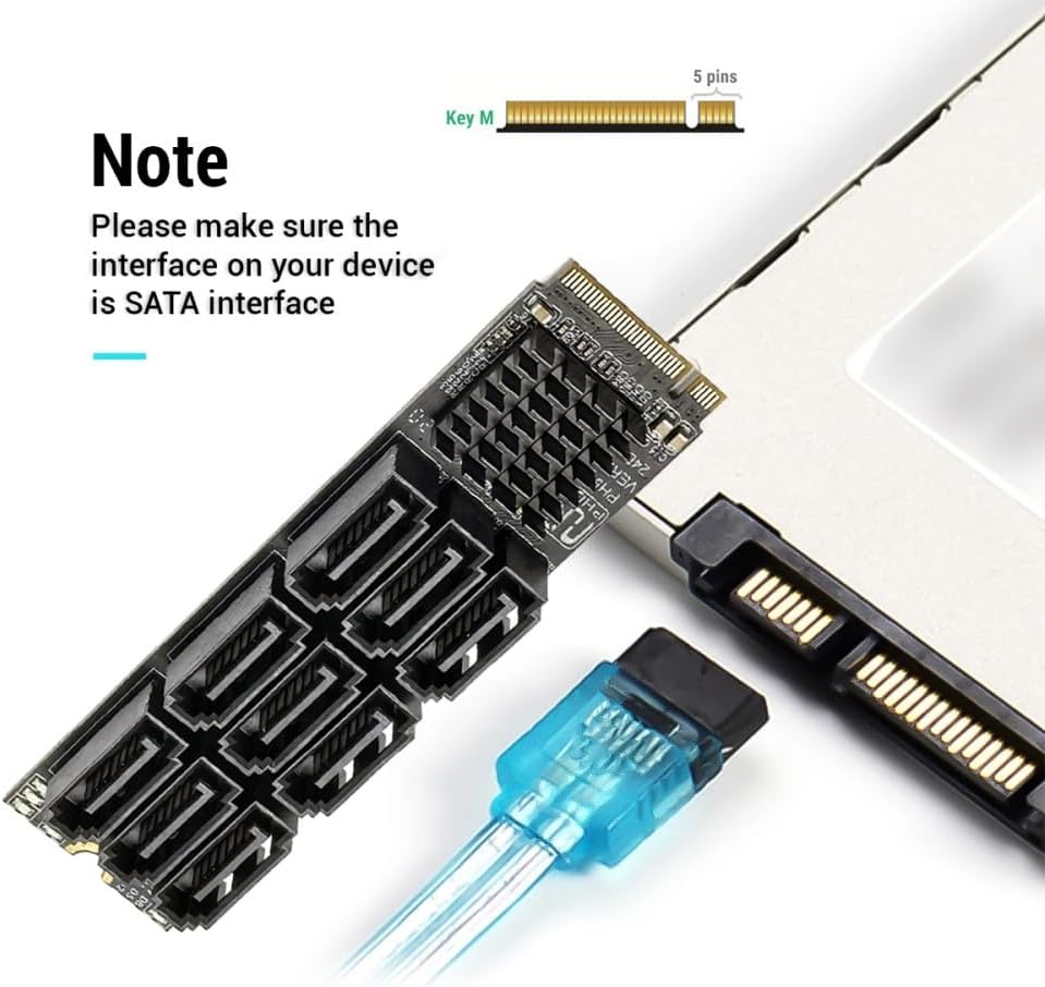 Cablecc 6Gbps NVME M-Key PCI Express NGFF M.2 to 9 Ports SATA 3.0 Adapter Converter Hard Drive Extension Card 2280 for NAS Computer