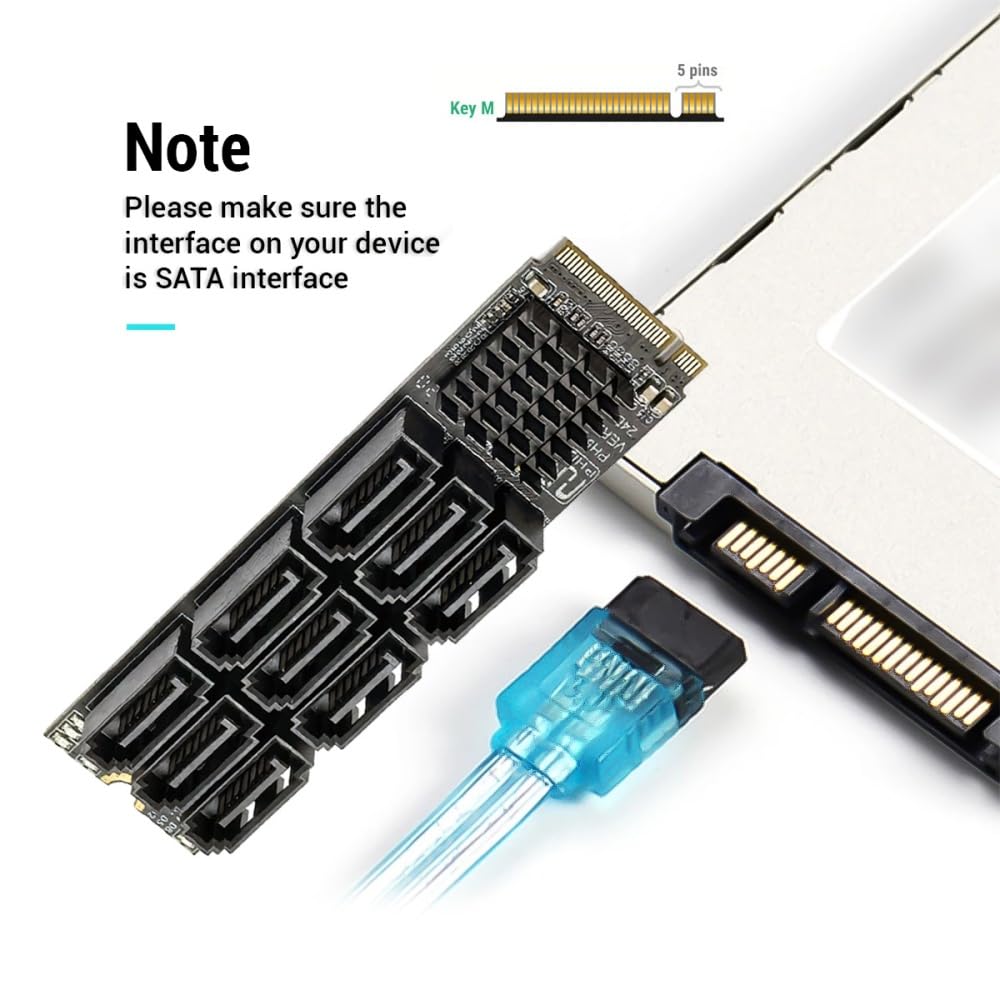 Cablecc Adaptateur convertisseur NVME M-Key PCI Express NGFF M.2 vers 9 ports SATA 3.0 Carte d'extension 2280 pour ordinateur NAS 6 Gbps