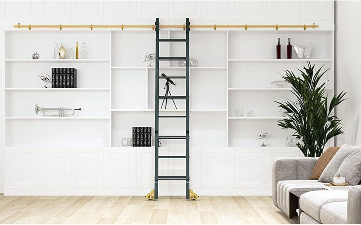 Rolling Ladder Hardware Sliding Rail+Top Roller+Floor Wheel with Brake, Golden Steel Round Tube Mobile Ladder Track for Library/Loft/Home/Indoor, 3.3ft-20ft,One Color-13ft/400cm tr