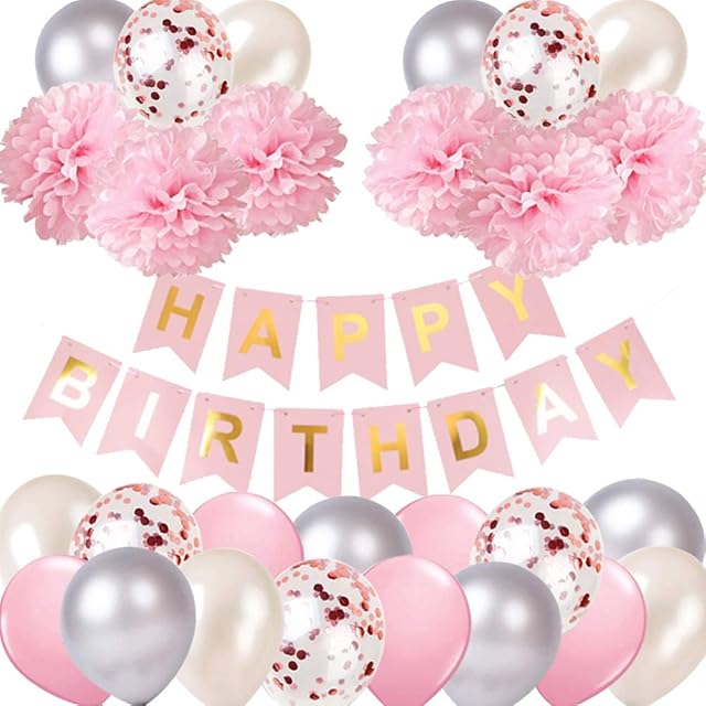 Pink Birthday Party Decorations for Girls, Happy Birthday Banner Balloons Set with Pink Silver White Balloons and Tissue Paper Pompoms for Daughter Womens 1st 2nd 3rd 16th 18 21st 25 30th 50th