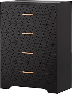 GarveeHome Tall Dressers for Bedroom with 4 Drawers, Black Wood Chest of Drawers with Gold Handles for Closet, Modern Nightstand for Bedside, Wooden Storage Organizer Cabinet for Living Room, Hallway