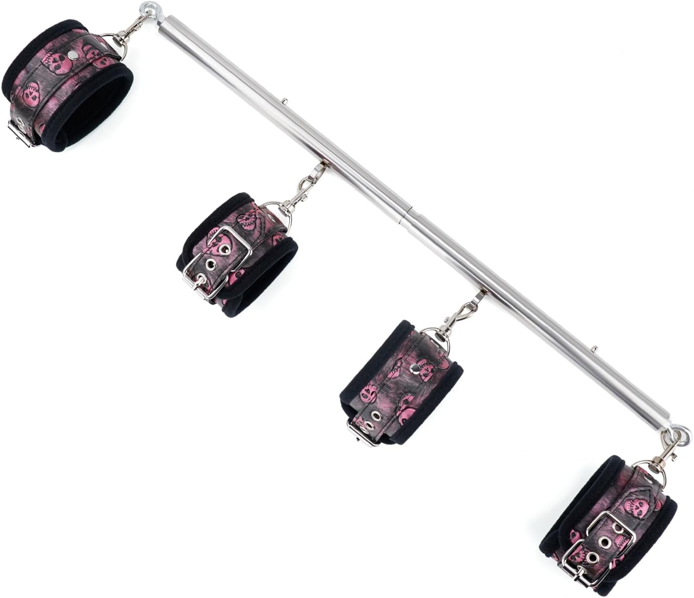 Spreader Bar Expandable Exercise Black Stainless Steel Bar with 4 pcs Black Fur Adjustable Strap, Yoga Training Fitness Gear, Workout Bar,Sports Gym Kit(Silver+Pink PU Set)