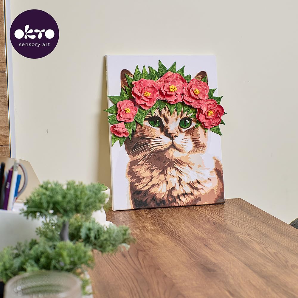 Okto & Ideyka 30010 - Juego de modelado 3D y pintura por números - Elegante gatito - Kit para creatividad y decoración - Arte sensorial - Pintura acrílica y arcilla seca al aire - Tamaño del marco 30