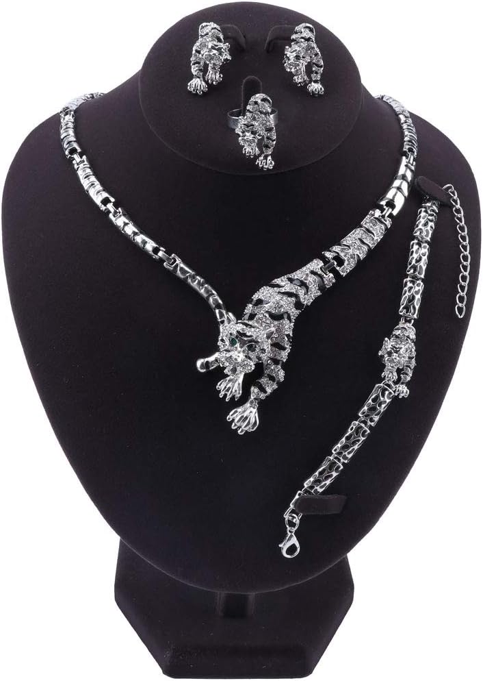 Trendy Gold Color Handmade Enameled Leopard Tigle Crystal Necklace Bracelet Earrings Ring Party Costume Jewelry Sets