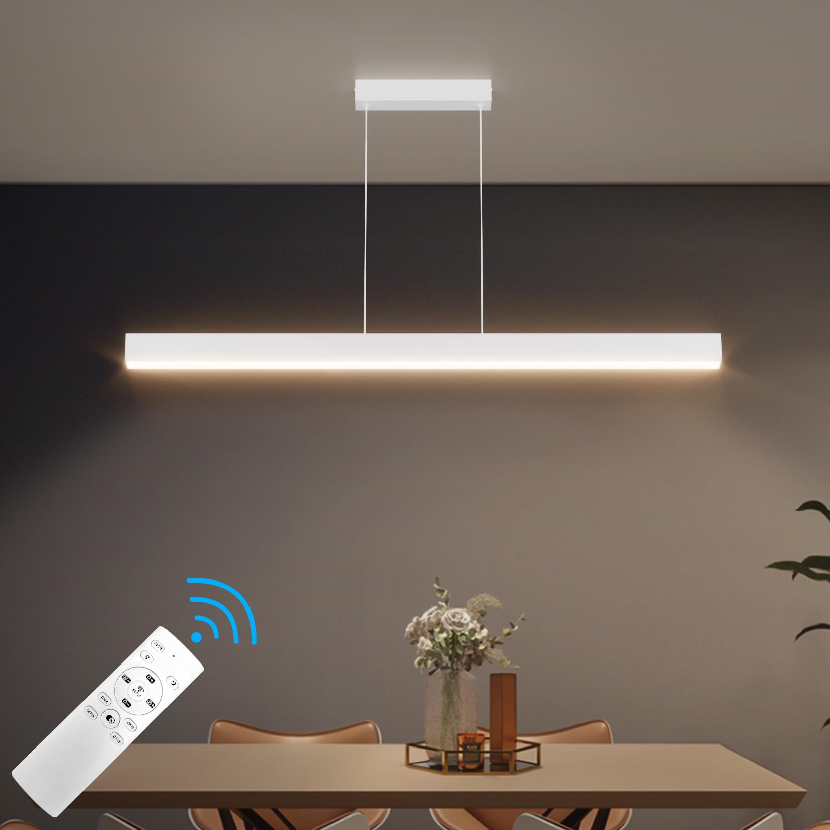 Klighten Led Lámpara Colgante De Comedor, Regulable 3000K–6000K, Lamparas de Techo Con Mando a Distancia, Lámpara De Comedor Diseño Lineal Altura Ajustable 150cm, Para Cocina Oficina 100CM/36W, Blanco