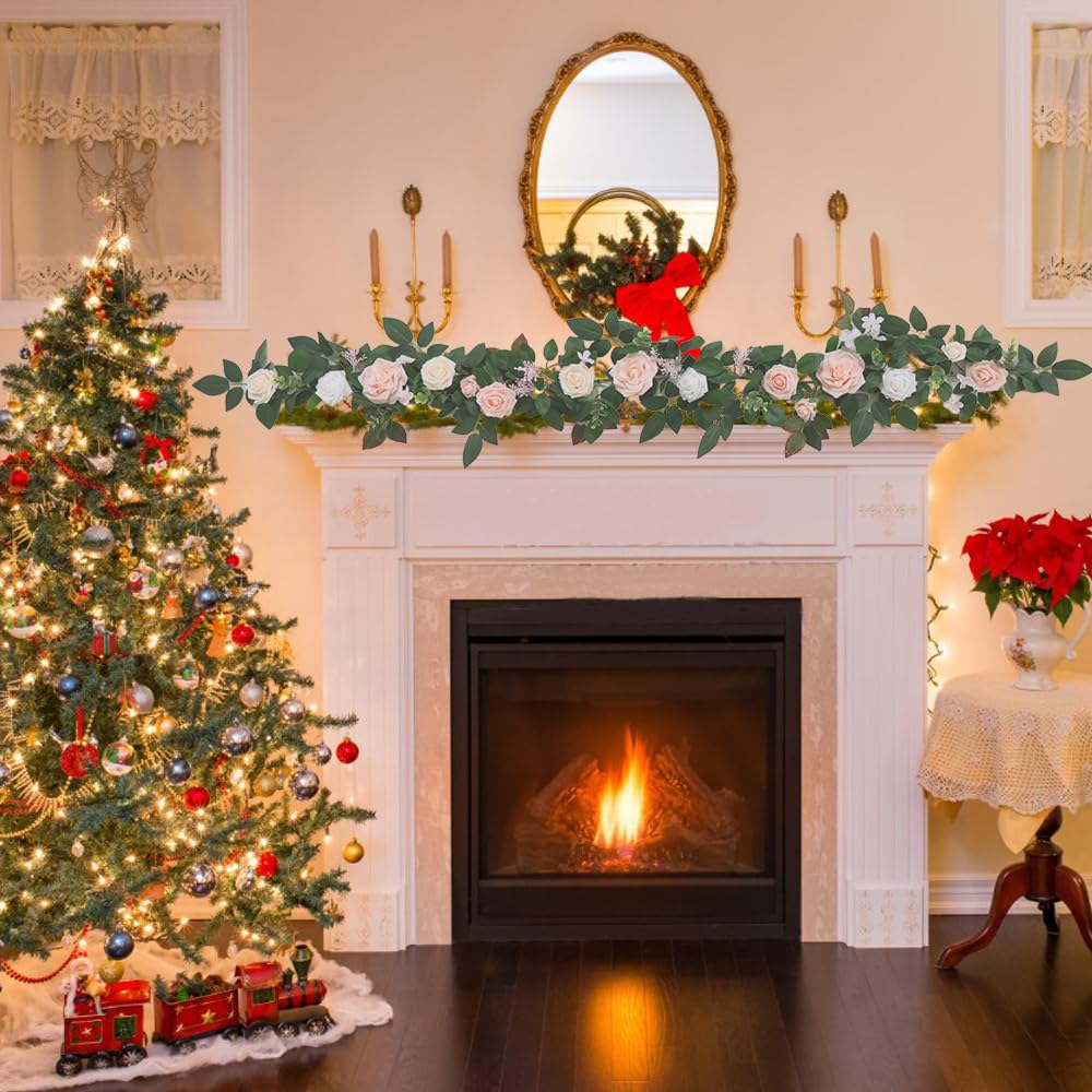 Guirnalda de flores de 6 pies con luces, guirnalda de eucalipto artificial con flores de rosa, guirnalda de MYXUANFA con luz para arco de boda, centro de mesa, decoración de habitación, funciona con