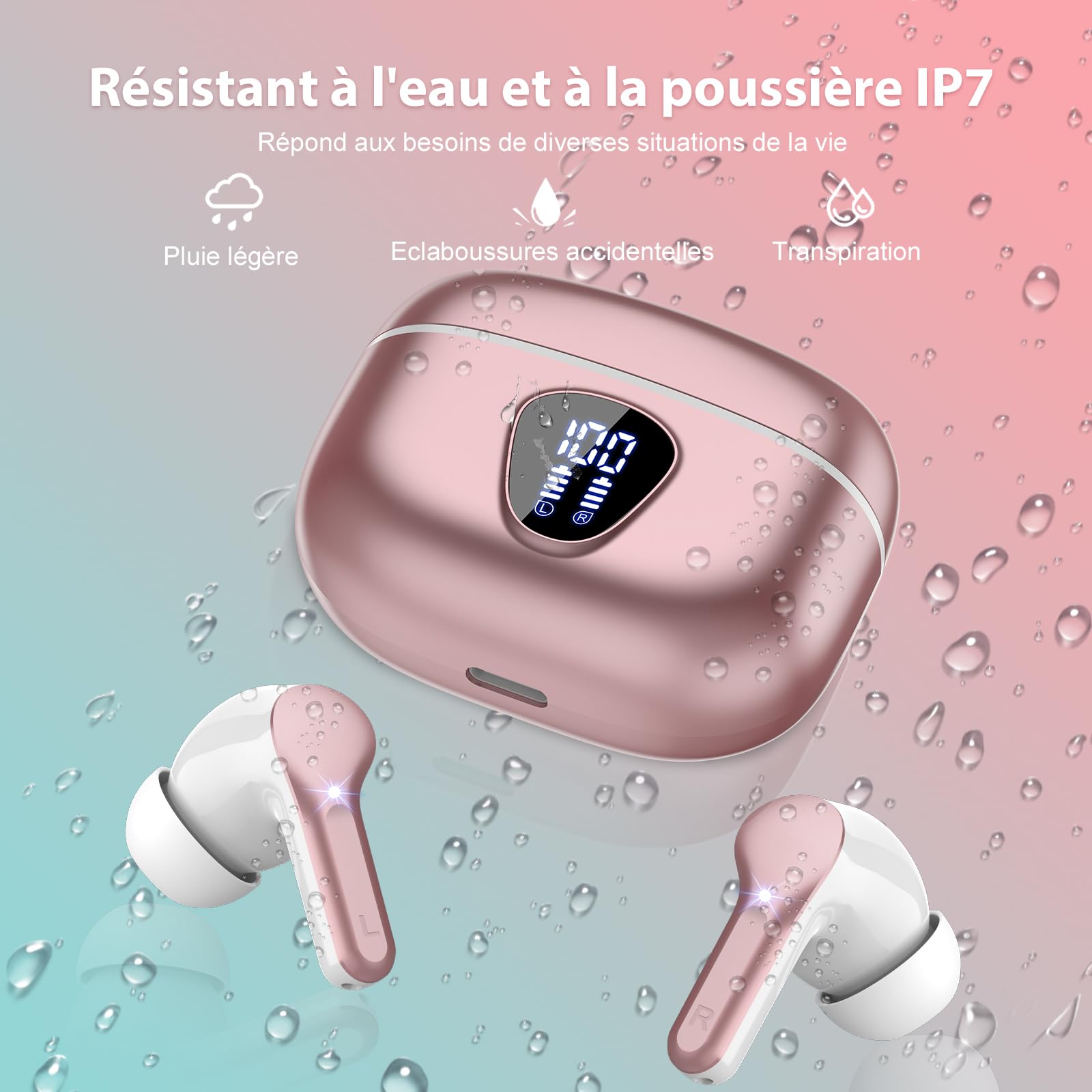BESNOOW Ecouteurs Bluetooth sans Fil, Écouteurs 5.3 Oreillette Bluetooth Basses Immersives avec 4 ENC Mic, Casque sans Fil 40H avec Écran LED, Étanche IP7 Contrôle Tactile, Or Rose