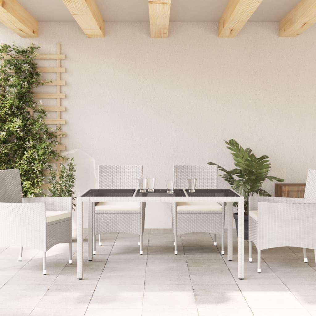 Tavolo da Giardino in Polyrattan e Vetro 150x90x75 cm Bianco | Tavolo da pranzo per esterno, ideale per arredare il terrazzo o cortile con stile moderno e facilità di pulizia.