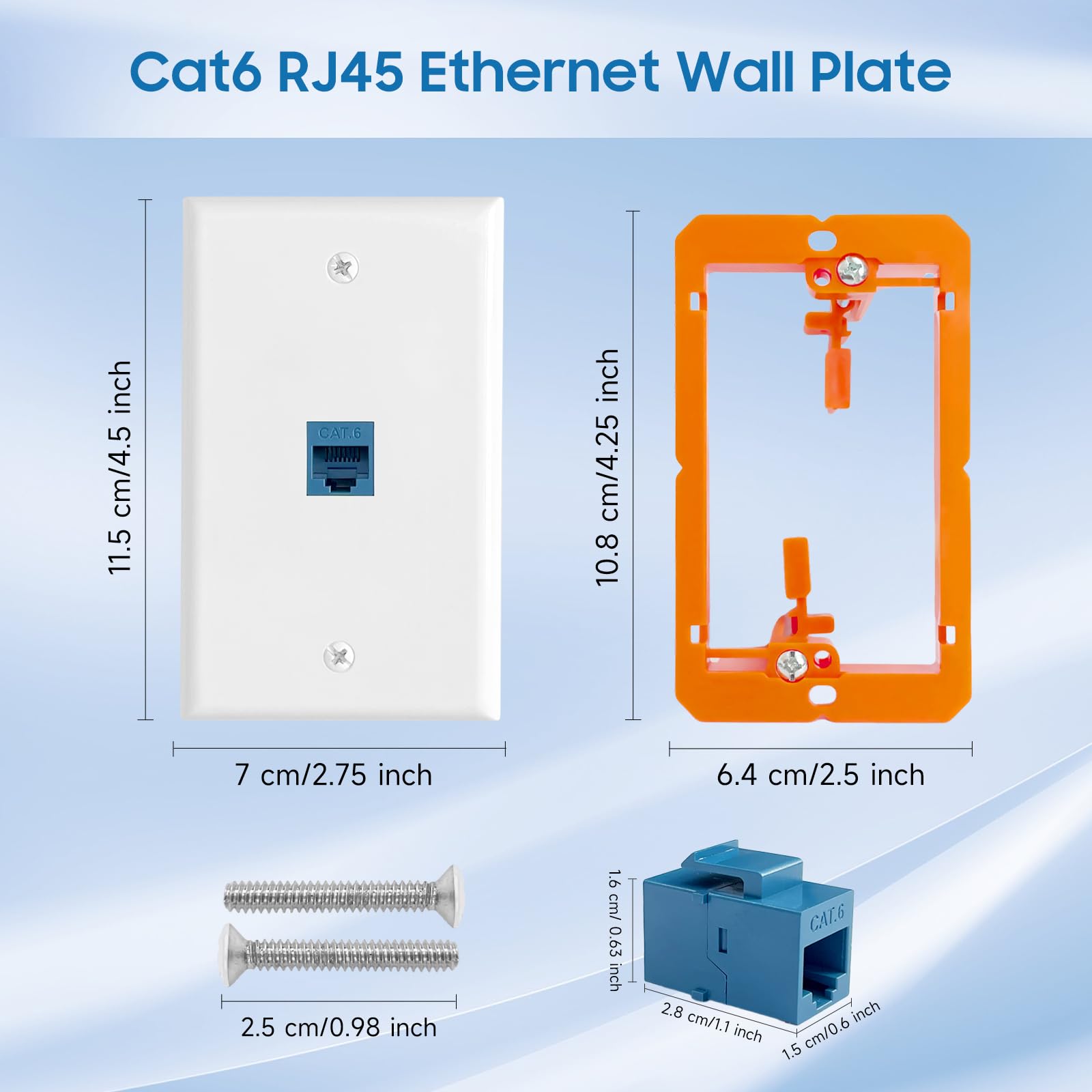 Confezione da 10 prese Ethernet a muro, 1 porta Cat6 RJ45 Keystone Jack con staffa di montaggio a bassa tensione a banda singola, piastra a parete Ethernet, accoppiatore blu femmina a femmina