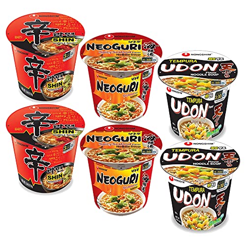 Nongshim Cup Noodle Assorted Bundle Package 3 Flavors Shin Cup Noodle Soup x 2, Tempura Udon x 2, Neoguri Noodle x 2 / Total 6 Pack